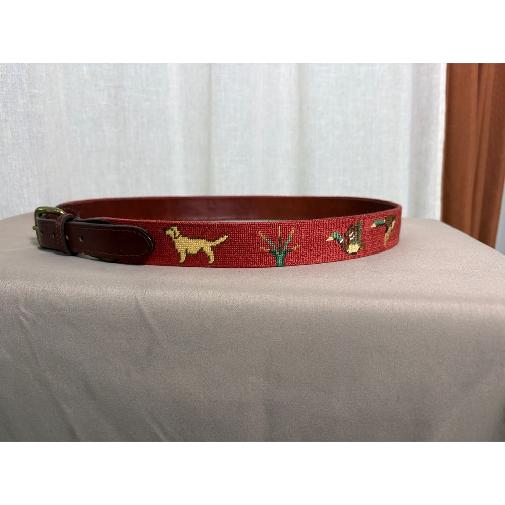 Smathers & Branson Needlepoint Belt Labradors & Mallards Red Size 38